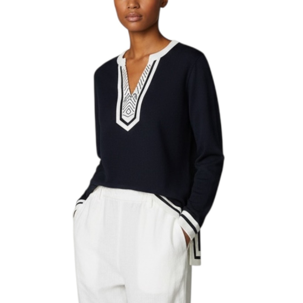 4/$20 City Hearts Black White Embroidered Split Neck Long Sleeve Top Medium